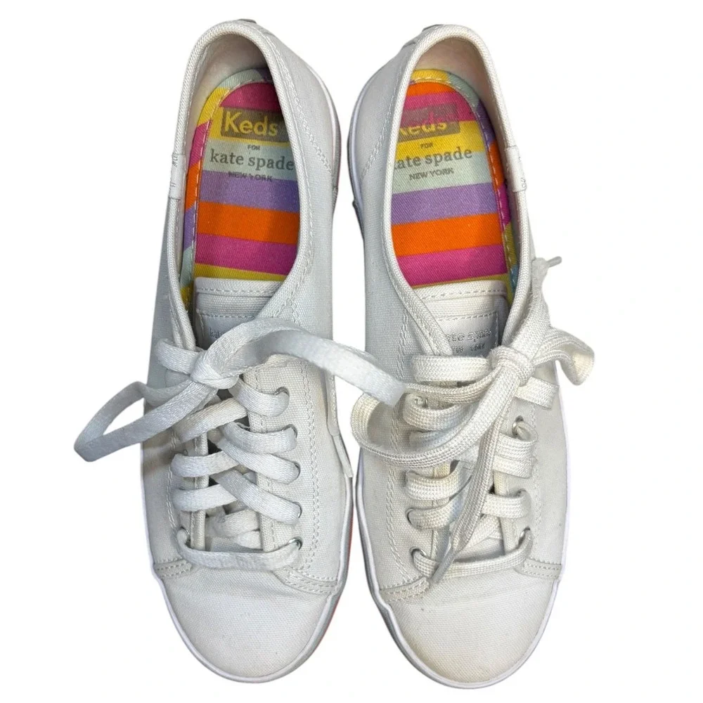 Kate Spade X Keds Colab‎ White Rainbow Platform Sneakers Canvas Women's Size 7.5
